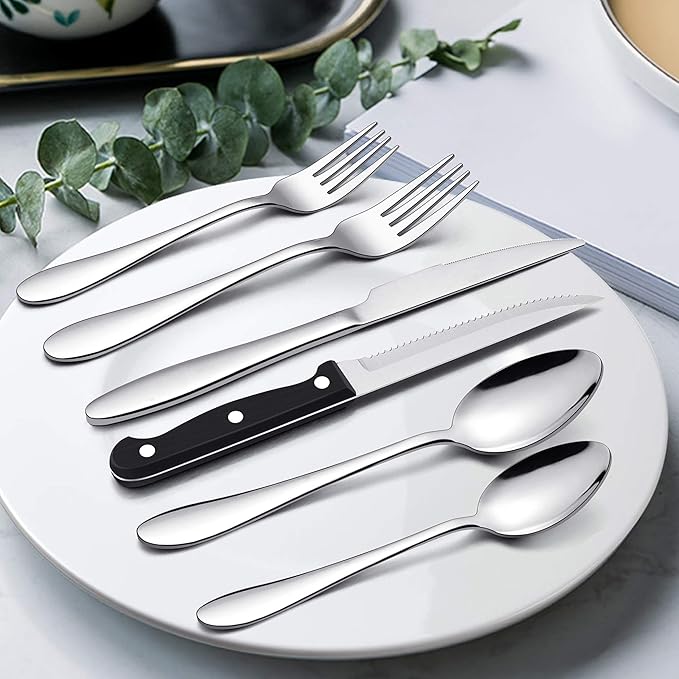 LIANYU 24-Piece Silverware Set with Steak Knives, Stainless Steel Flatware Cutlery Set for 4, Fork Spoon Knife Eating Utensils Tableware, Dishwasher Safe