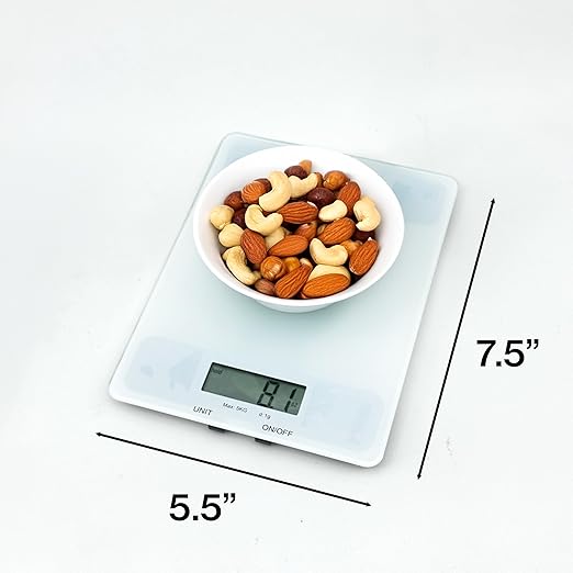 Glass Platform Digital Kitchen Scale - 11lbs / 5kg Capacity - LCD Display g kg oz lb fl.oz ml - CR2032 Battery Included - White