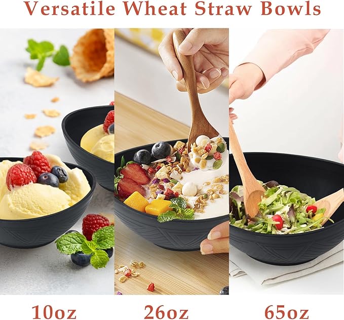 Salad Bowls Set of 6 with 3 Size,Unbreakable Wheat Straw Bowls for Kitchen,Fridge,Dishwasher and Microwave Safe Bowl for Salad,Cereal,Snack,Dessert. Black