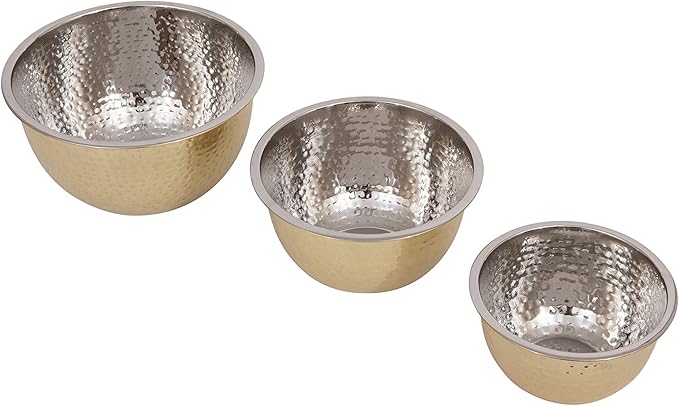 Creative Co-Op Hammered Stainless Steel Bowls in Gold Finish (Set of 3 Sizes)