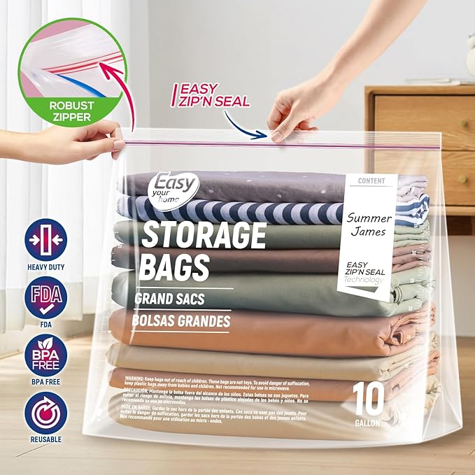 10 Gallon Jumbo Zipper Lock Storage Bags,24" x 20.5"+7",Reusable XL Size Plastic Bag with Zip Top and Bottom for Food,Clothing,Travel,Moving,BPA-Free,3-Mil Thick
