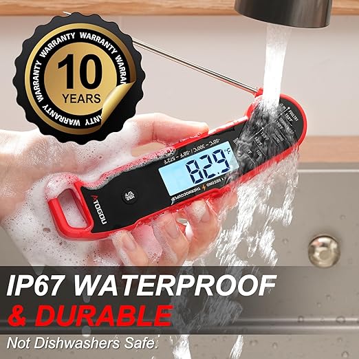 Professional Food & Meat Thermometer, 1 Sec Instant Read & ±0.5℉ Accuracy Driven by Thermocouple Sensor. IP67 Waterproof Digital Thermometer for Cooking, BBQ, Grilling. Gifts for Him Dad. Red