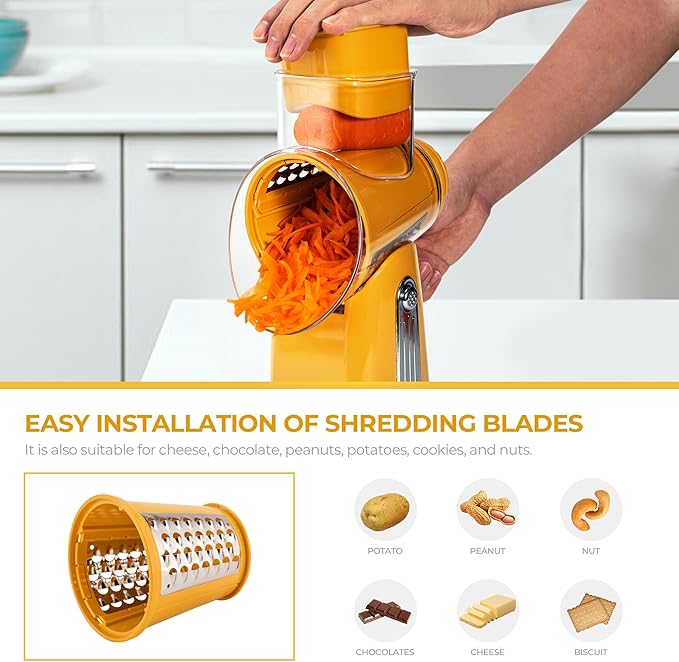 SUSTEAS Rotary Cheese Grater with Handle - Vegetable Shredder with 5 Well-designed Blades & Strong Suction Base,Round Mandoline Slicer & Food Chopper for Kitchen,with Blade Storage Box(Yellow)