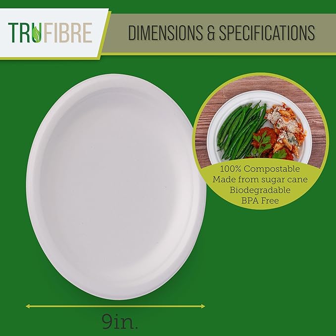 9" Paper Plates, Compostable Bagasse Food Container, Disposable, Microwave Safe for Lunch, Dinner, Party, Supplies, Events, Bulk 125 Pack