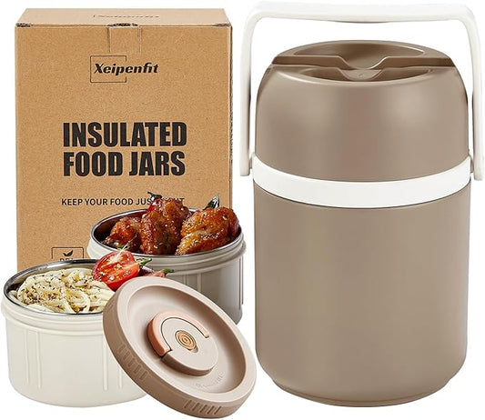 51 oz Adults Vacuum Insulated Wide Mouth Soup Food Thermos Hot Food Jar with Keep Thermal Portable 2 Tier Stackable Bento Hot Food Containers Lunch Boxes (Gray, 51)