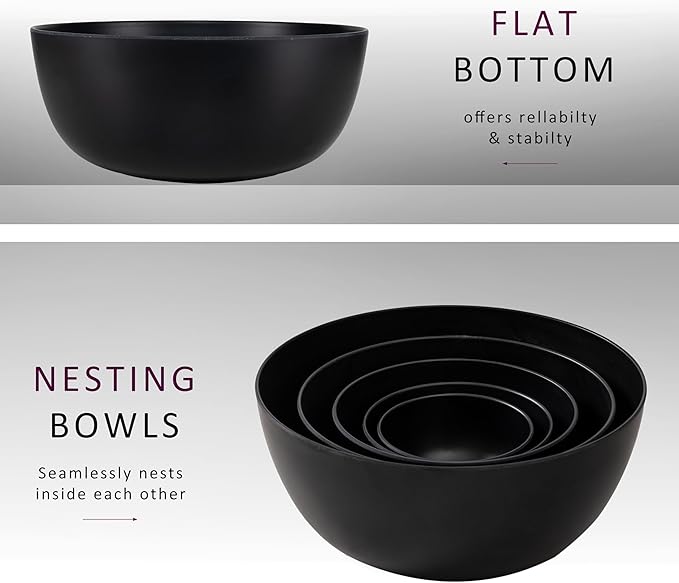 LEHAHA Bamboo Fiber Melamine Mixing Bowls, Set of 5, Nested Kitchen Bowls Set, Large Stackable Serving Bowls for Kitchen, Storage Bowl Ideal for Prepping, Cooking and Serving Food, Matte Black