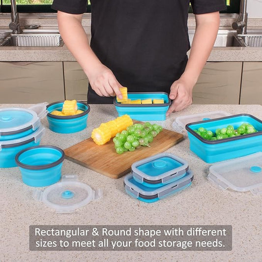 Bundle of 8 Pack Collapsible Food Storage Containers with Lid Blue + 3 Pack Silicone Freezer Trays with Lids Aqua