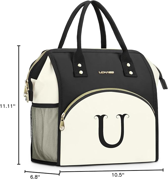 Personalized Lunch Box for Women, Initial Reusable Insulated Lunch Bag, Wide-Open Adult Lunchbox Cooler Lunchbag, Initial Leakproof Lunch Tote Bag for Picnic Work Outdoors Black and White - U
