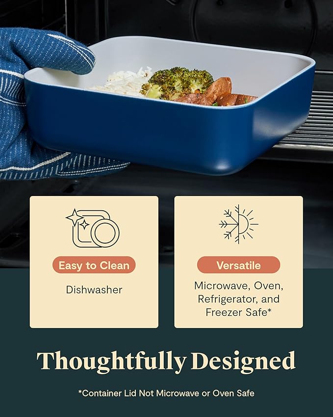 Caraway Glass Food Storage, 10 Cup Glass Container,Ceramic Coated Food Container,Easy to Store, Non Toxic, Non Stick Lunch Box Container with Glass Lids. Dishwasher, Oven,Square Shape,Cream