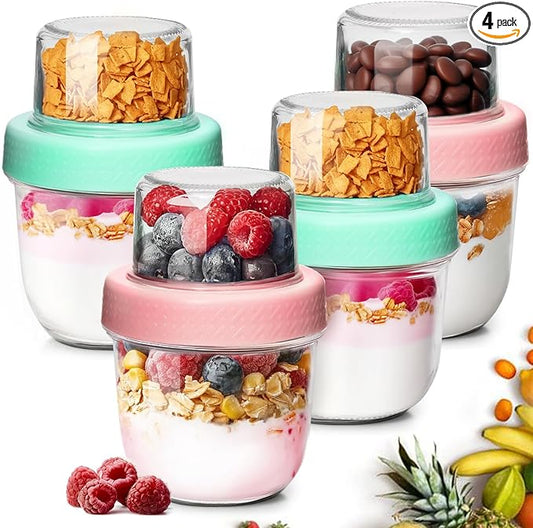 ComSaf 4 Pcs 8oz Overnight Oats Containers with Lids, Glass Yogurt Parfait Cups for Cereal Nut Fruit, Dual-Layer Chia Pudding Jars Reusable, Small Mason Jars for Salad, Meal Prep, Snack, Oatmeal