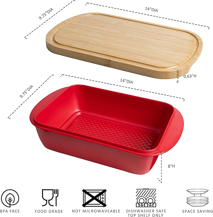 Marinade Container with Wood Lid Cutting Board, Grill Prep and Serve Tray, 2 Pcs Set, Stackable Melamine Serving Tray & Wood platter, BBQ Prep Tub & Marinating Serving platters, Red