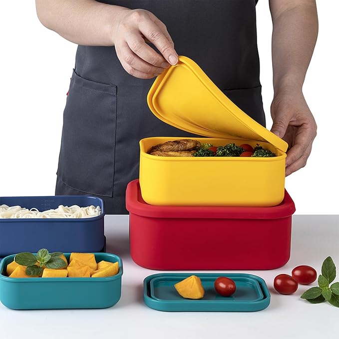 Silicone Food Storage Containers with Lids Set 4 Sizes and Silicone Containers,For Freezing, Bento Boxes, Snack Boxes,Freezer preservation Leak Proof (1, Rectangular)