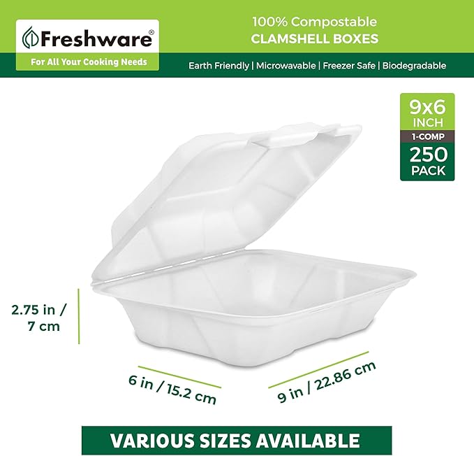 Freshware Compostable Clamshell Food Containers [9x6" 250-Pack] Disposable To Go Containers, Biodegradable Sugarcane To Go Boxes - Heavy Duty Paper Containers - Microwave & Freezer Safe, Stackable