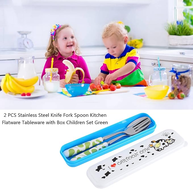 Children Flatware Set, Stainless Steel Fork Spoon with Storage Box Dinner Utensils Spoon Fork Set with Travel Case Toddler Travel Utensils for Kids Toddlers (Green)
