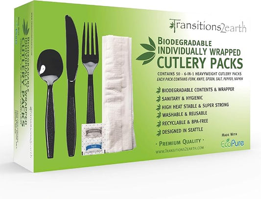 Biodegradable EcoPure 6-in-1 Heavyweight Cutlery/Utensil Packs - 500 Packs - Contains: Fork, Knife, Spoon, Napkin, Salt, Pepper - Individually Wrapped - Earth-Friendly, Heavy Duty