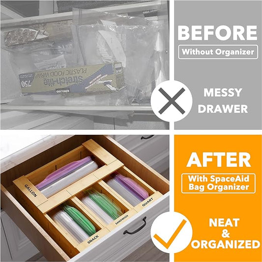 SpaceAid Bag Storage Organizer for Kitchen Drawer, Bamboo Organizer, Compatible with Gallon, Quart, Sandwich and Snack Variety Size Bag (4 Pack)