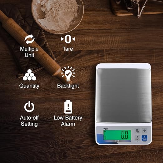 Polit Food Kitchen Scale KT-66, 18lb/8Kg Digital Kitchen Scale Weight Gram Ounce 0.5g/0.01oz Accuracy, Premium Stainless Steel with LED Display, 5 Units for Baking and Cooking (Power Adaptor Included)