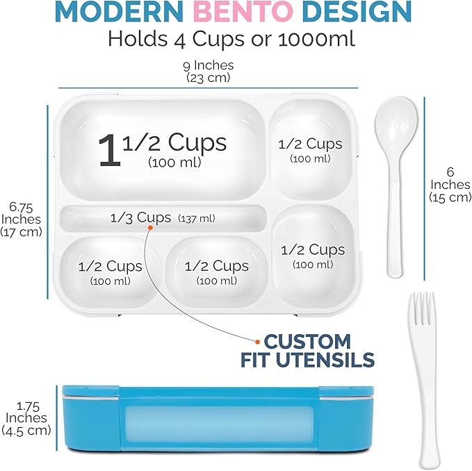 Bento Lunch Box Kids & Adult: Leakproof Containers for Boys & Girls with 6 Compartments - School, Daycare, Meal Planning Portion Control Container, BPA-Free Boxes, Utensils, Blue & Pink Set
