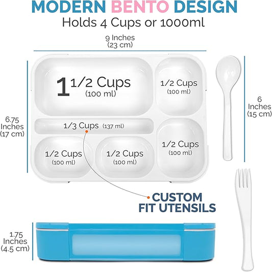 Bento Lunch Box Kids & Adult: Leakproof Containers for Boys & Girls with 6 Compartments - School, Daycare, Meal Planning Portion Control Container, BPA-Free Boxes, Utensils, Blue & Pink Set