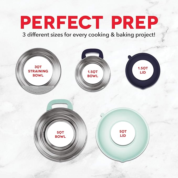 DASH Stainless Steel Mixing Bowls with Lids, Silicone Non-Slip Base with Measuring Lines and Strainer, 3 Bowl Set - 1.5 Quart, 3 Quart, & 5 Quart - Assorted Blue