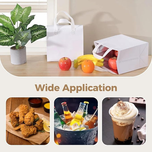 OMISTAR 50 PCS Insulated Take Away Bags, 9.5 x 6 x 9.5 Inches Bulk Food Bags Thermal Insulation for Coffee Milk Tea, Hot Cold Food Cooler Bags Pizza Delivery Bags for Restaurant Grocery