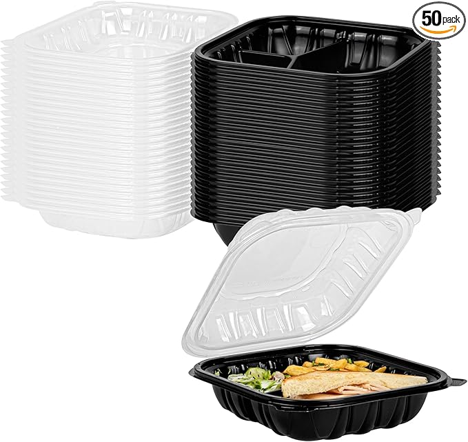 Restaurantware-Thermo Tek 34 Ounce Clamshell Containers, 50 Disposable Take Out Boxes - 3 Compartments, Ventilated Lids, Black Plastic Meal Prep Containers, Microwavable, For Pasta Or Salads