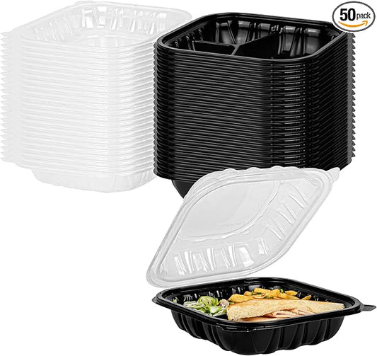 Restaurantware-Thermo Tek 34 Ounce Clamshell Containers, 50 Disposable Take Out Boxes - 3 Compartments, Ventilated Lids, Black Plastic Meal Prep Containers, Microwavable, For Pasta Or Salads