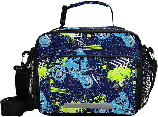 Pfrewn Lunch Bag for Women Men Grunge Motocross Blue Insulated Lunch Box Tote Large Cooler Bag for Office Picnic