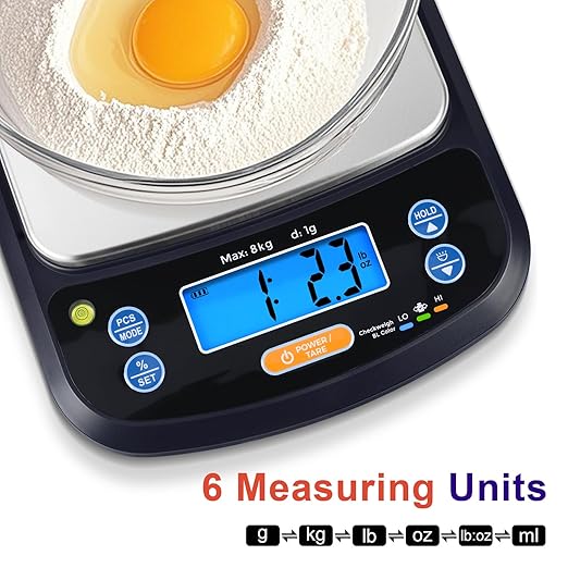 THINKSCALE Digital Food Scale 8000g/1g Precise,% Mode & Removable Stainless Steel Platform, 6 Units, Tare, PCS Counting, IPX6 Waterproof for Baking, Coffee, Keto, Meal Prep, Batteries & AC/DC Adapter