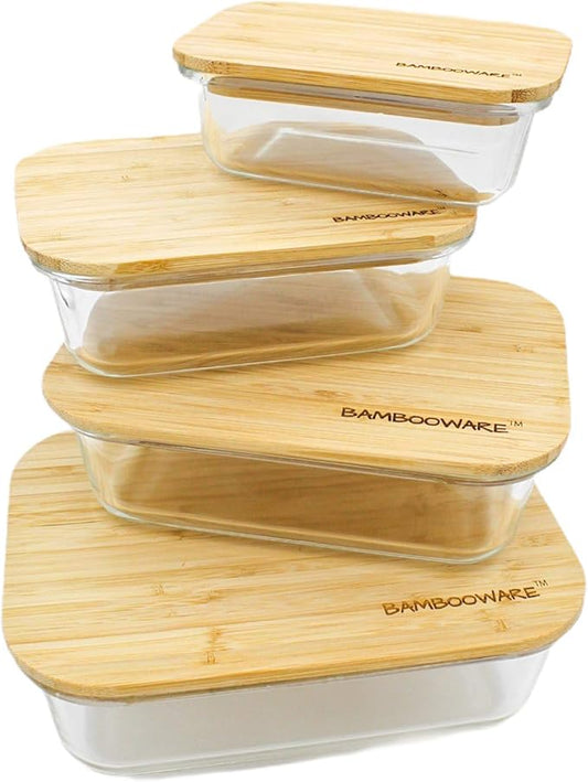 Glass Containers with Lids | Non Plastic Glassware Set - Natural Raw Organic Wooden Bamboo Lids | Set of 4 | Reusable, BPA Free | Perfect for Meal Prep, Lunch, Leftovers, Kitchen
