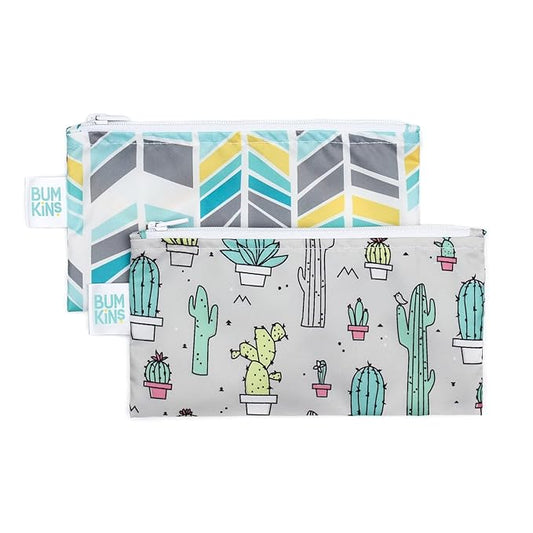 Bumkins Reusable Snack Bags, for Kids School Lunch and for Adults Portion, Washable Fabric, Waterproof Cloth Zip Bag, Supplies Travel Pouch, Food-Safe Storage, 2-pk Cactus and Quill