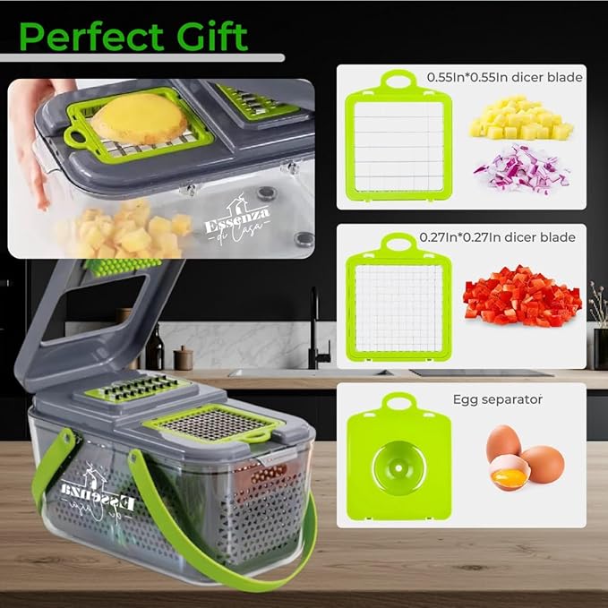 Vegetable Chopper 12-in-1 – Multifunctional Veggie Slicer Cutter Dicer with Container, Hand Guard & Draining Basket – Grey Food Chopper for Fast, Safe & Precise Vegetable Prep