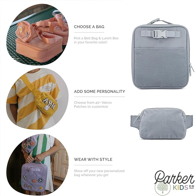 Parker Kids Insulated Waterproof Lunch Box for Children - Customizable Lunch Bag with Durable Hook and Loop Patches, Easy-Open Zippers, Water Bottle Buckle - Rain