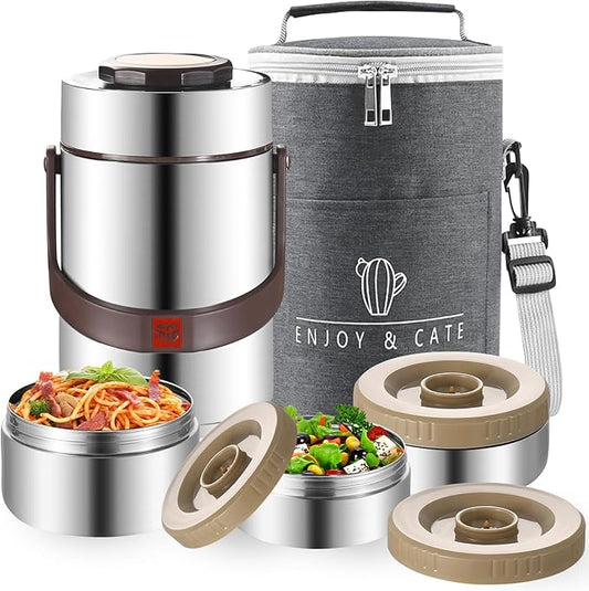 67 Oz Adults Stainless Steel Vacuum Soup Thermos For Hot Food with Inserts Stackable Bento Box and Lunch Bag,Width Mouth Portable Nsulated Food Jar Lunch Container (silvery, 67 oz)