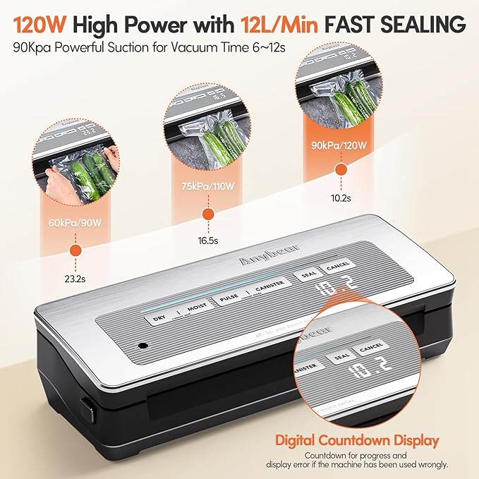 Vacuum Sealer Machine, 90Kpa Powerful Vacuum Sealer Machine for Food Storage, Multi-Functional Food Sealer with Vacuum Bags & 2 Roll Bags Build-in Cutter-Digital Countdown Display (Silver)