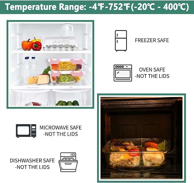 HOMBERKING 8 Pack Glass Meal Prep Containers 3 Compartment, 36oz Glass Food Storage Containers with Lids, Airtight Glass Lunch Bento Boxes, BPA-Free & Leak Proof (8 lids & 8 Containers) - Pink