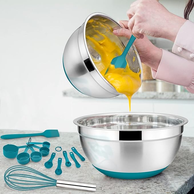 22-Piece Mixing Bowls with Teal Blue Lids & Accessories Set, E-far Stainless Steel Nesting Bowls with Covers & Non-Slip Bottoms, Metal Bowls for Cooking/Baking/Serving/Storage -Size 7/3.5/2.5/1.5/1 QT