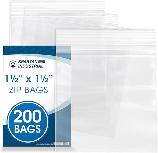 Spartan Industrial - 1.5” X 1.5” (200 Count) 2 Mil Clear Reclosable Zip Plastic Poly Bags with Resealable Lock Seal Zipper