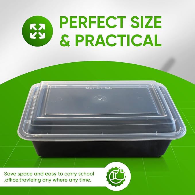 Single Compartment Meal Prep - 50 Pack - Rectangular Container with Airtight Lid – Freezer, Microwave & Dishwasher Safe – Stackable – BPA Free Plastic (Black) 28oz