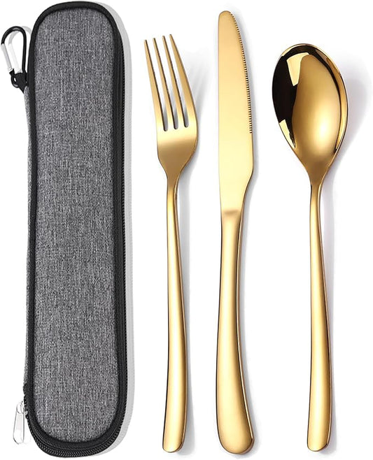 MURRI&MURRDI Stainless Steel Cutlery Set for 1, Reusable Flatware Set with Case, Cutlery Set for Work Stainless Steel Knife Fork Spoon Set 3 Piece (B- 3 Gold)