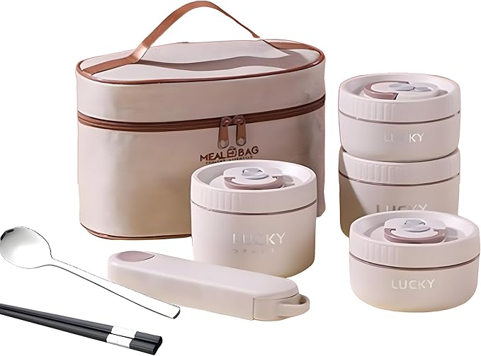 Stainless Steel Lunch Box, 3-Tier Insulated Bento Box Microwave Safe Soup Bowl for Adults, Thermal Food Container for Office Workers (Beige, 4pcs + Tableware + Insulated Bag)