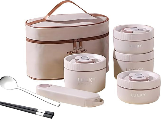 Stainless Steel Lunch Box, 3-Tier Insulated Bento Box Microwave Safe Soup Bowl for Adults, Thermal Food Container for Office Workers (Beige, 4pcs + Tableware + Insulated Bag)