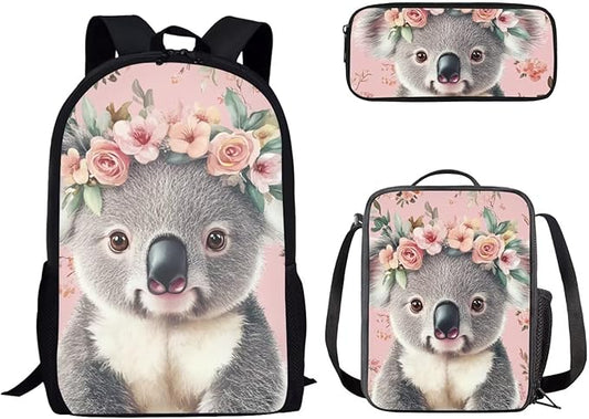 Dolyues Pink Flower Koala Girls 3-Piece Set: 17 Inch Laptop-Compatible Backpack, Leak-Proof Lunch Bag & Pencil Pouch - Extra Padding & Anti-Lost