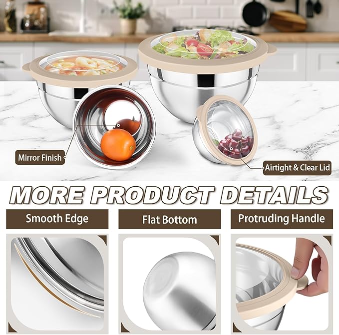 P&P CHEF Mixing Bowl with Lid Set, Stainless Steel Nesting Salad Bowls for Cooking Serving Prepping, Clear Lids & Stackable Design, Size 4.6, 3.5, 3, 2, 1.5, 1, 0.7 Qt - Khaki, Set of 7
