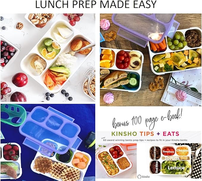 kinsho Bento-Box with Lunch Bag and Ice Pack Set. Containers for Kids Girls Adults Snacks and Lunches. 4 Compartments, Leakproof Portion Container Boxes Insulated Bags for School, Purple