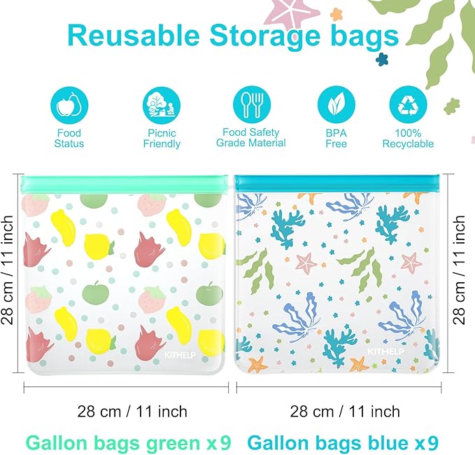 18 Pack Reusable Food Storage Bag, Freezer Gallon Bags BPA FREE Snack Bags Leakproof Sandwich Bags for Home Kitchen Organization and Storage Containers