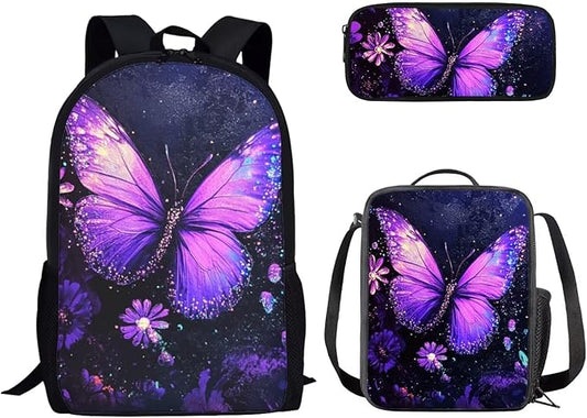 Dolyues Purple Butterfly Print Adorable Girl's Backpack Set – Includes 17-inch Stylish Student Backpack, Double-Shoulder Meal Bag for Daily Lunch, & Matching Pencil Case for School, Travel