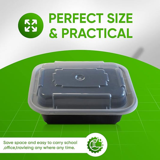 Single Compartment Meal Prep 50 Pack - 12oz Container with Airtight Lid – Freezer, Microwave & Dishwasher Safe – Stackable – BPA Free – Meal Prep Storage Container (Black)
