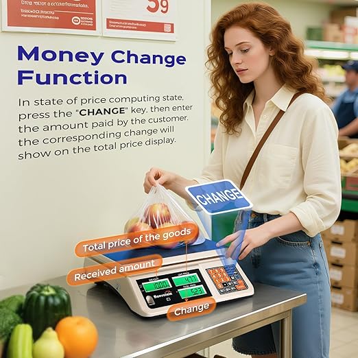 Bonvoisin Produce Scale 66lb/30kg Commercial Food Scale with Dual LCD Display Digital Price Computing Scale with Change Function for Butchering, Farmers Market, Retail Outlets, Meat Shop, Deli