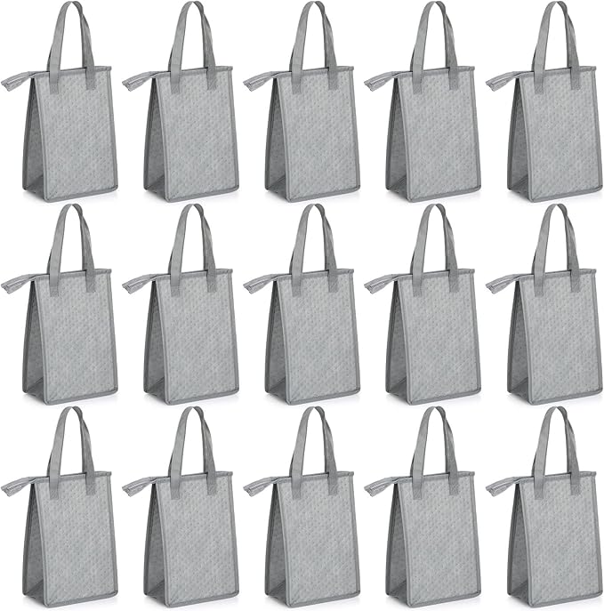 15 Pieces Insulated Lunch Bags Cooler Lunch Tote Bag Bulk with Zipper Thermal Leakproof Lunch Bags for Women Men Work Office School Travel Picnic(Grey)